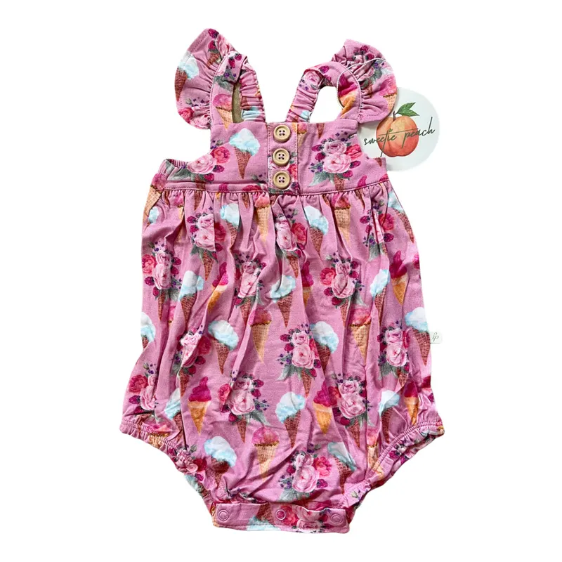 Girls bamboo romper with pink ice cream and floral print, ruffle straps and bubble hem