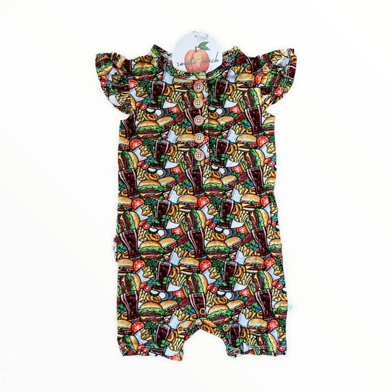 Girls bamboo romper with hamburger print, flutter sleeves and ruffle butt detail