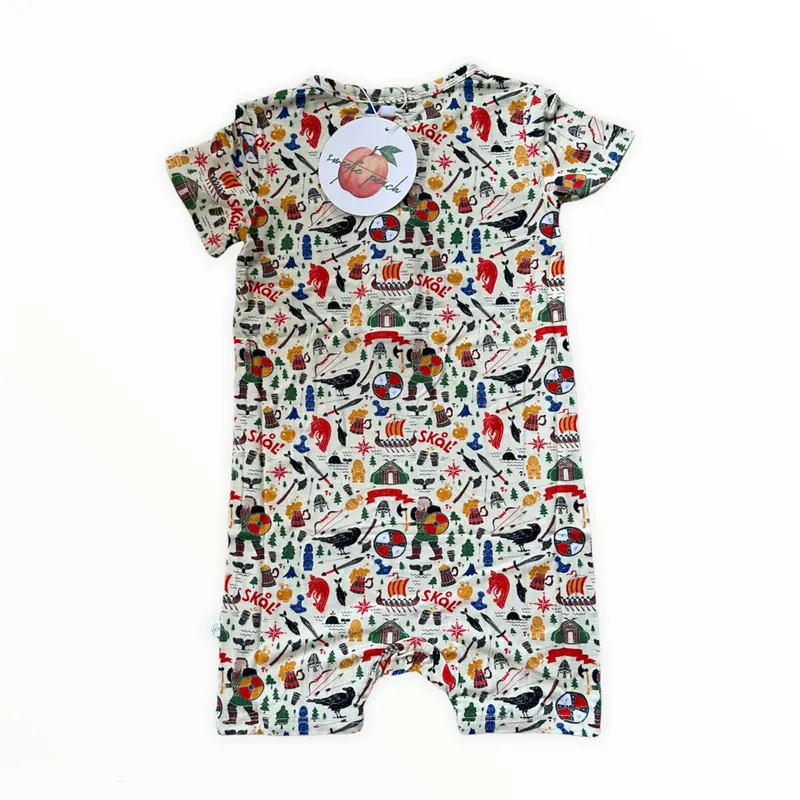 Boys bamboo romper with Viking print featuring ships, shields, helmets and Nordic designs