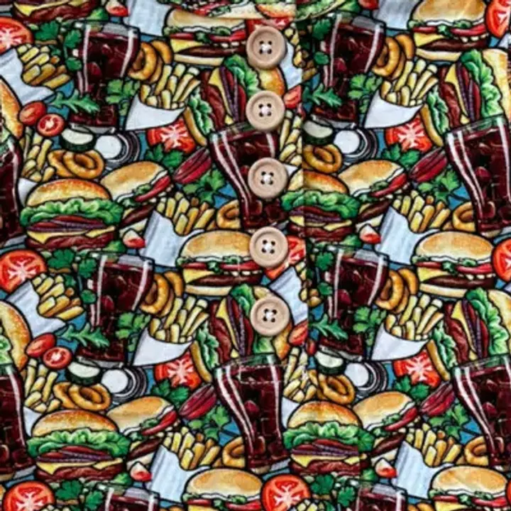 A close crop of the real Foodie fabric, buttons and all