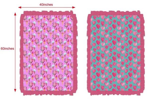 Reversible bamboo blanket showing ice cream floral print and pink hearts print with ruffle border