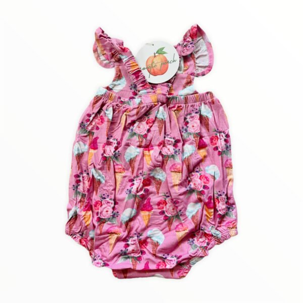 Girls bamboo romper with pink ice cream and floral print, ruffle straps and bubble hem