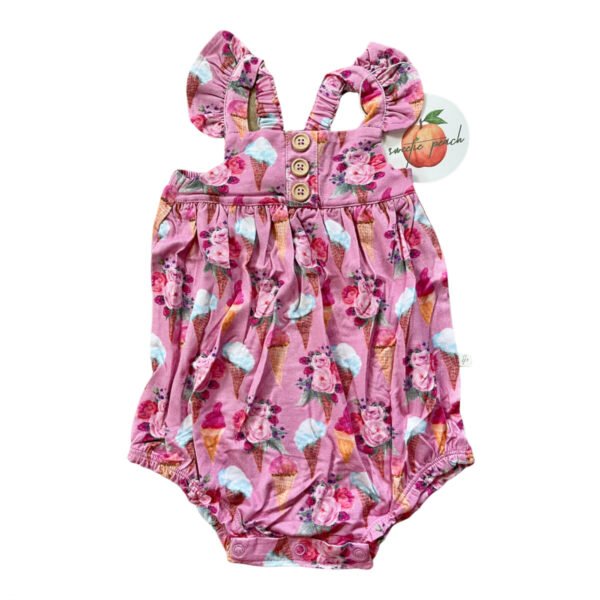 Girls bamboo romper with pink ice cream and floral print, ruffle straps and bubble hem