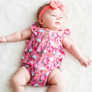 Girls bamboo romper with pink ice cream and floral print, ruffle straps and bubble hem