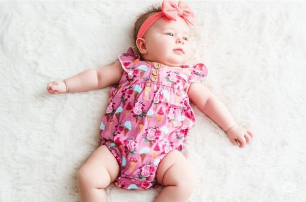 Girls bamboo romper with pink ice cream and floral print, ruffle straps and bubble hem
