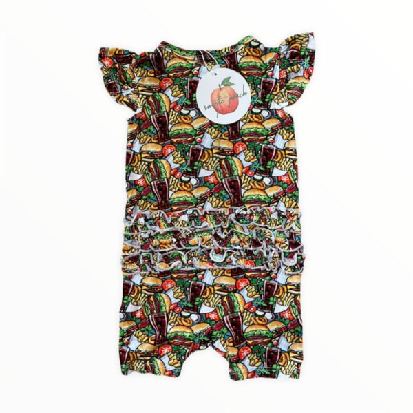 Girls bamboo romper with hamburger print, flutter sleeves and ruffle butt detail
