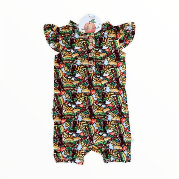 Girls bamboo romper with hamburger print, flutter sleeves and ruffle butt detail