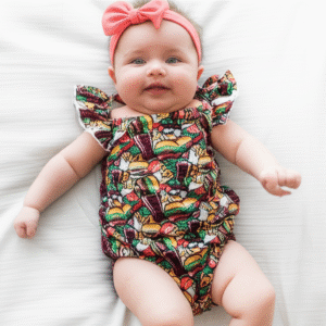 Girls bamboo romper with hamburger print, flutter sleeves and ruffle butt detail