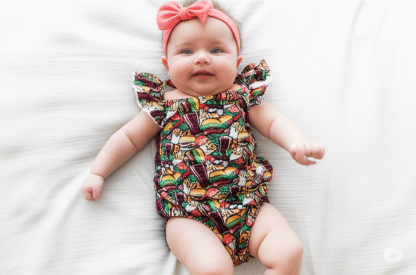 Girls bamboo romper with hamburger print, flutter sleeves and ruffle butt detail