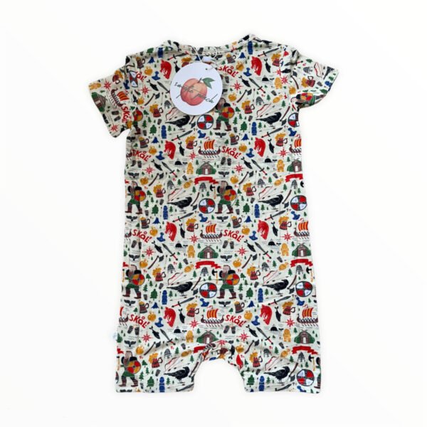 Boys bamboo romper with Viking print featuring ships, shields, helmets and Nordic designs