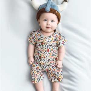 Boys bamboo romper with Viking print featuring ships, shields, helmets and Nordic designs