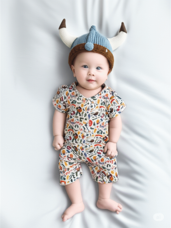 Boys bamboo romper with Viking print featuring ships, shields, helmets and Nordic designs