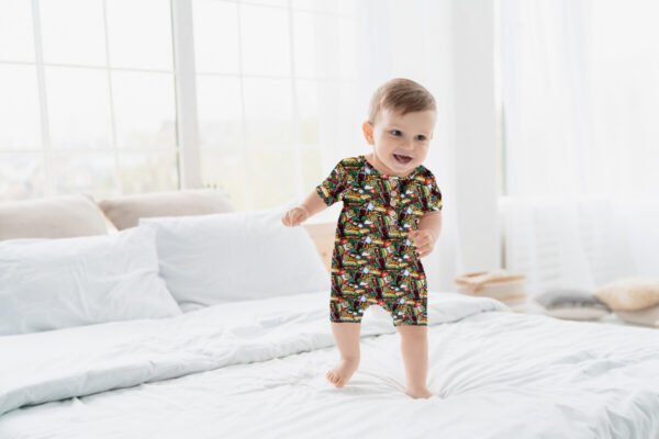 Boys bamboo romper with hamburger and fast food print, button front and short sleeves